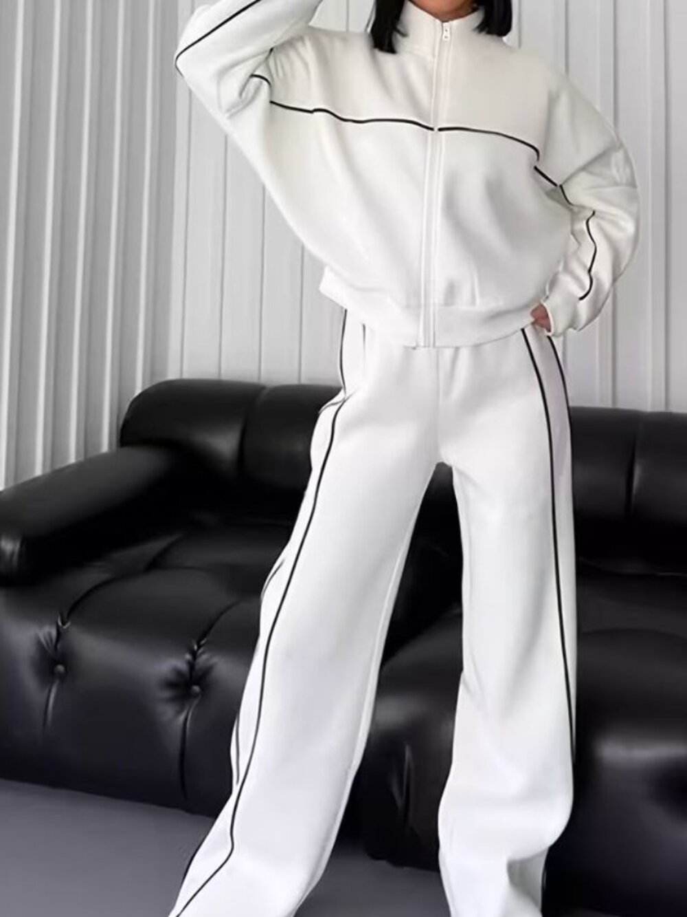 White With Black Contrast Stripe Wide Leg Pants and Zip Jacket